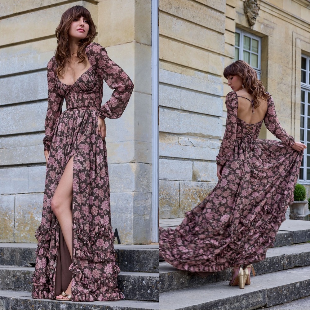 NWT V. Chapman Carmella Long-Sleeve Corset Chiffon Maxi Dress Chocolate Peony